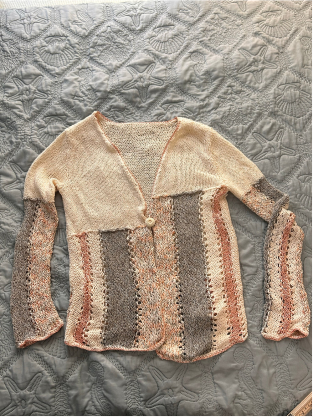 Hand Knit Patchwork Cardigan Large Cream Gray Peach Textured Knit